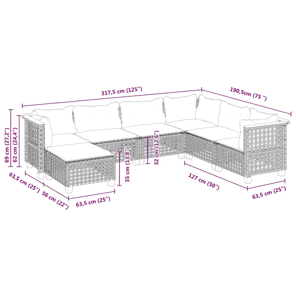 7-dijelni set vrtnih sofa od poliratana s jastucima bež 63.5 x 63.5 x 62 cm