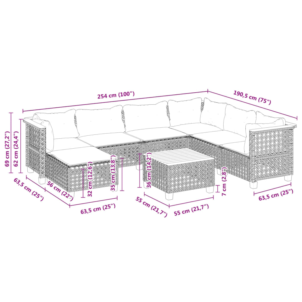 8-dijelni set vrtnih sofa od poliratana s jastucima crni Crna 55 x 55 x 36 cm