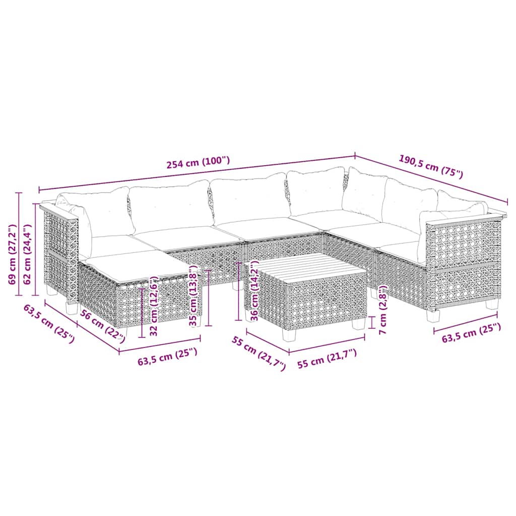 8-dijelni set vrtnih sofa od poliratana s jastucima bež 254 x 190.5 x 69 cm