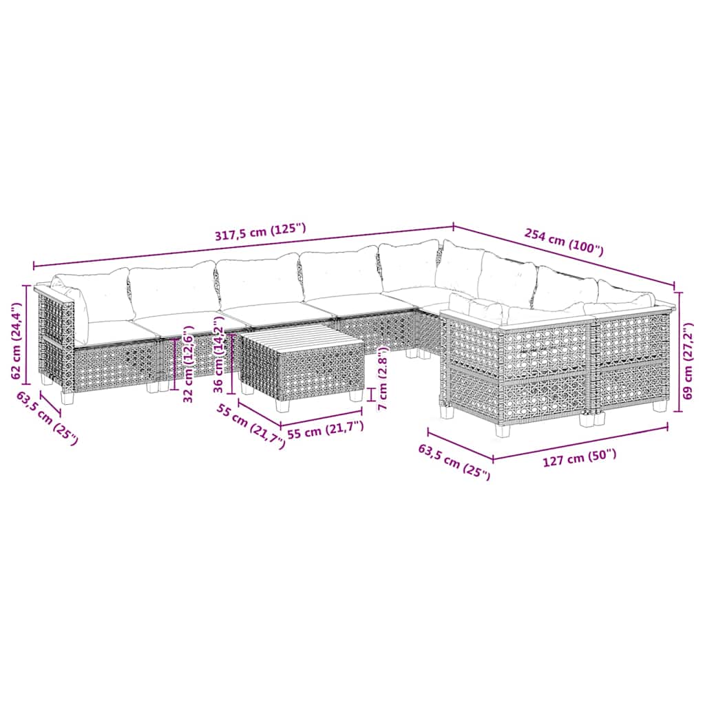 10-dijelni set vrtnih sofa s jastucima bež od poliratana 317.5 x 254 x 69 cm