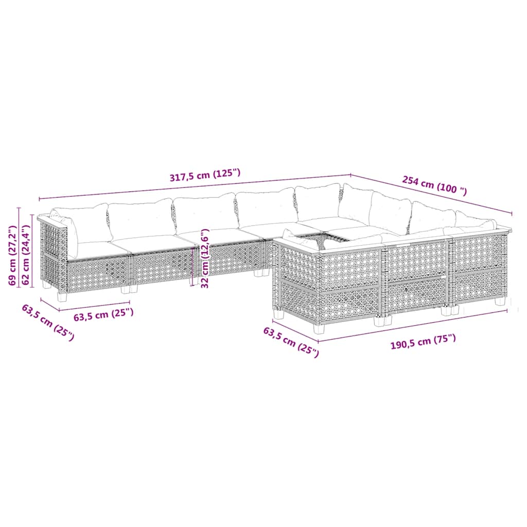 10-dijelni set vrtnih sofa s jastucima bež od poliratana 63.5 x 63.5 x 62 cm
