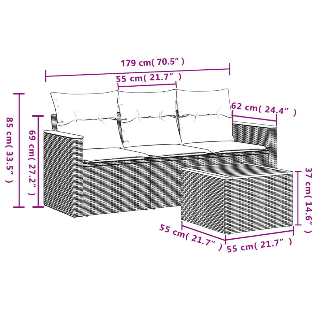 4-dijelni set vrtnih sofa od poliratana s jastucima sivi