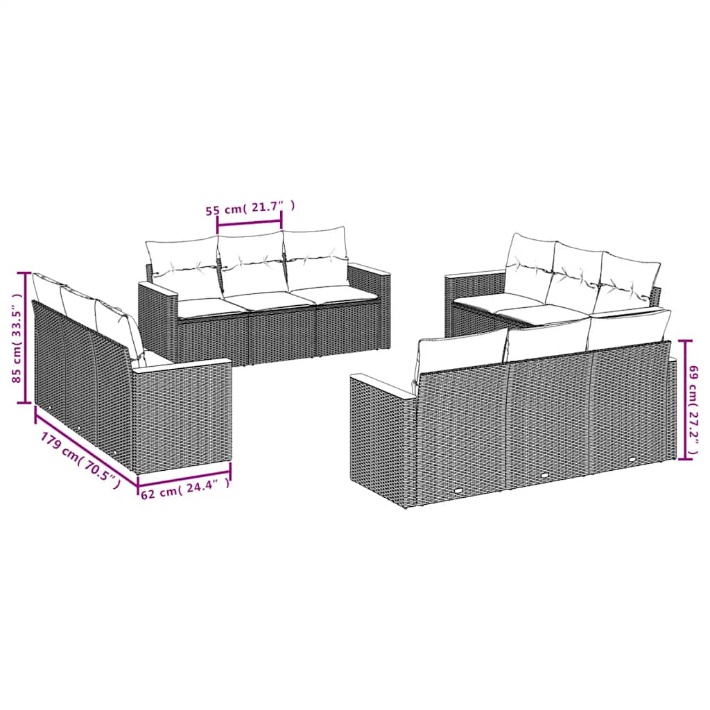 12-dijelni set vrtnih sofa od poliratana s jastucima crni
