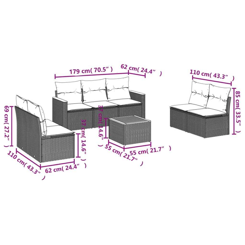 8-dijelni set vrtnih sofa od poliratana s jastucima sivi