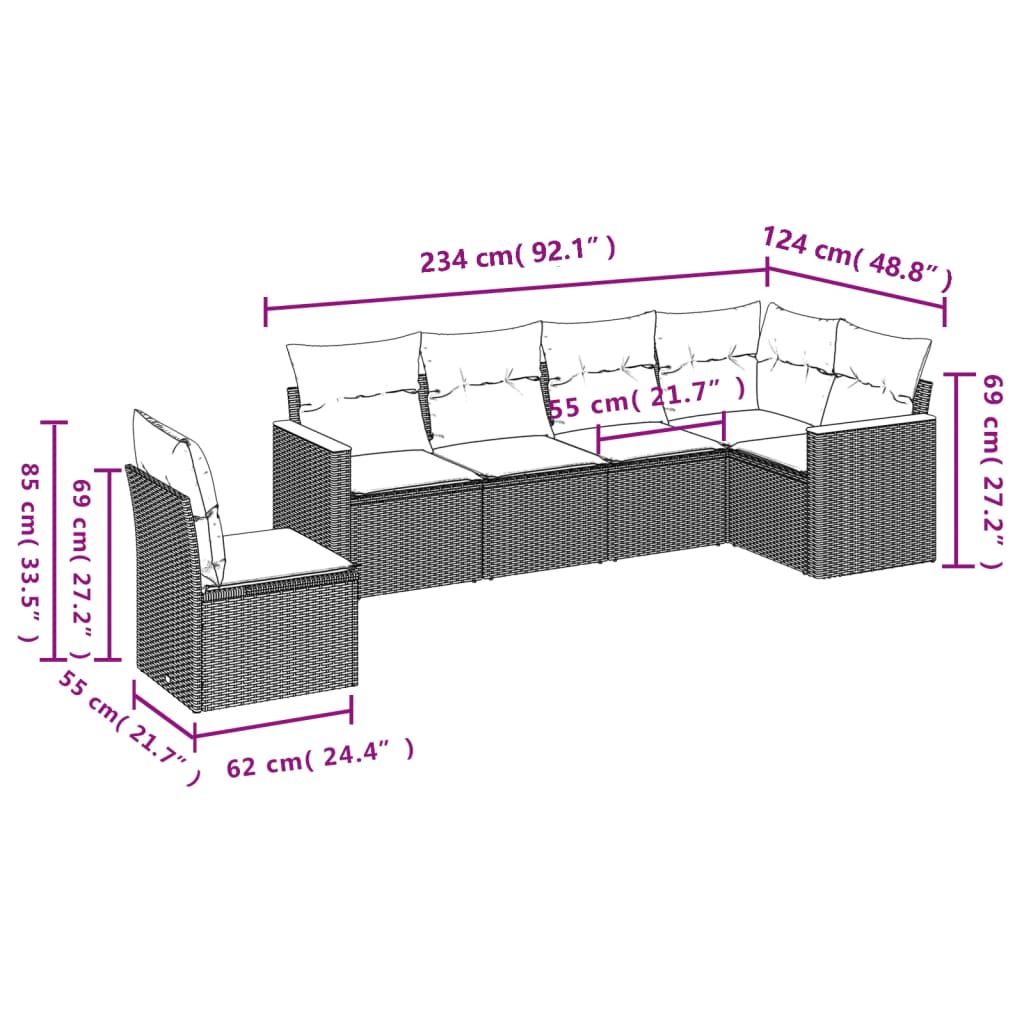 6-dijelni set vrtnih sofa s jastucima crni od poliratana