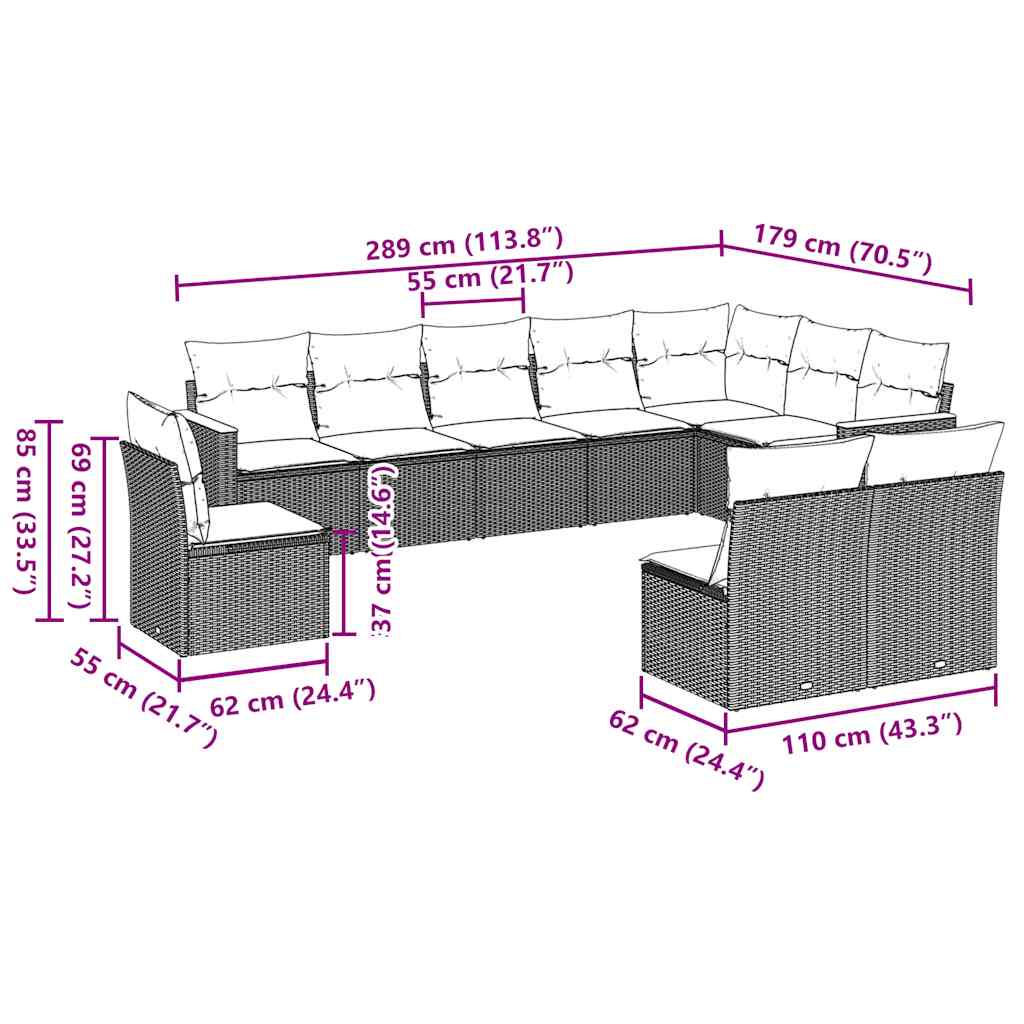 10-dijelni set vrtnih sofa s jastucima crni od poliratana