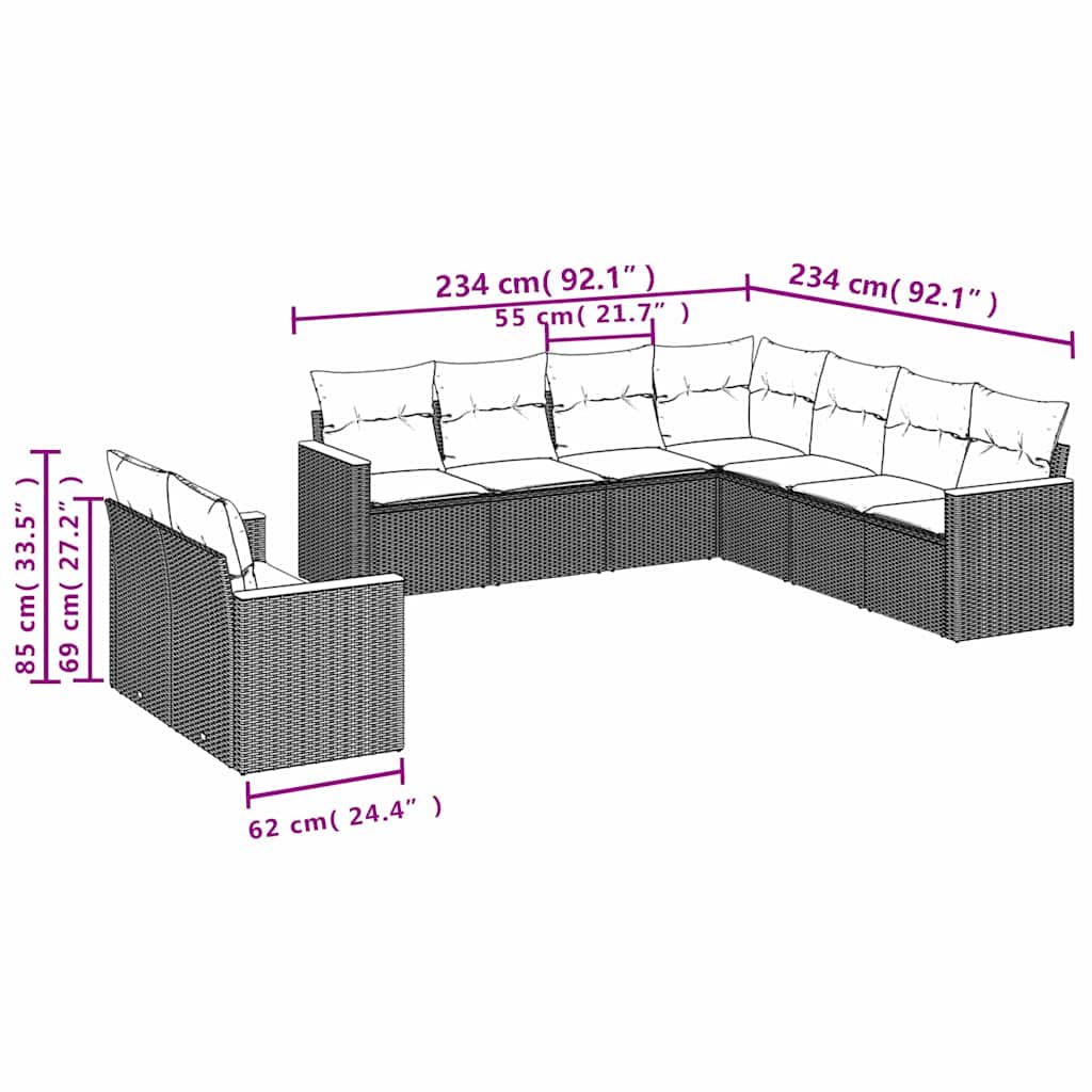 9-dijelni set vrtnih sofa s jastucima crni od poliratana