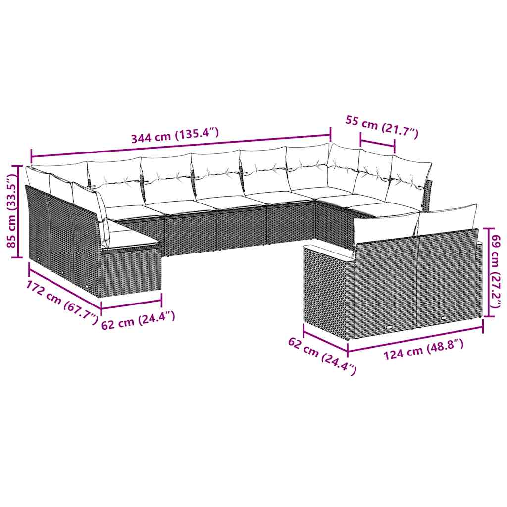 12-dijelni set vrtnih sofa od poliratana s jastucima crni