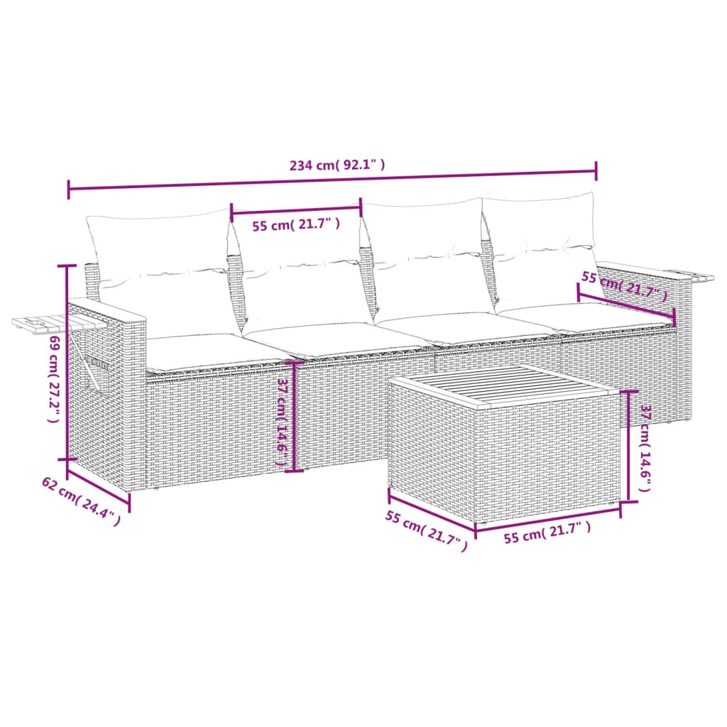 5-dijelni vrtni set sofa s jastucima bež od poliratana