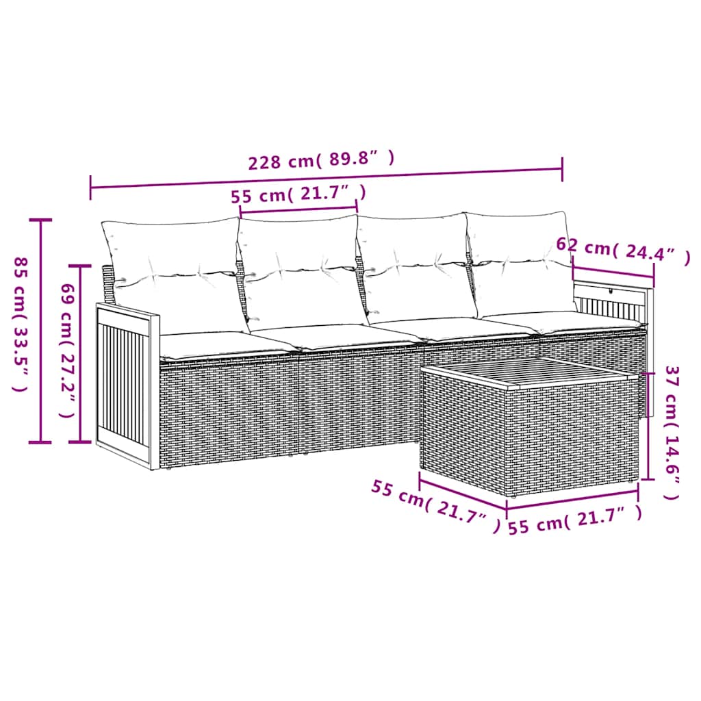 5-dijelna vrtna garnitura od poliratana s jastucima crna
