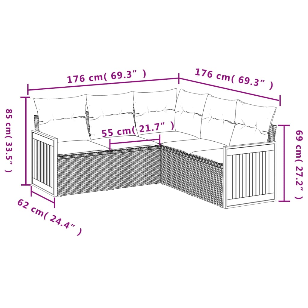 5-dijelni vrtni set sofa s jastucima bež od poliratana