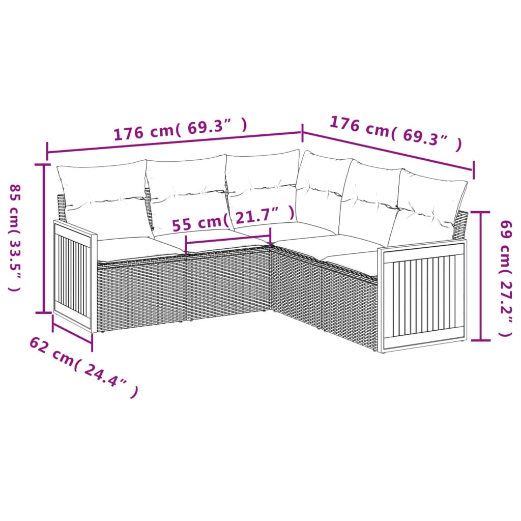 5-dijelni vrtni set sofa s jastucima bež od poliratana