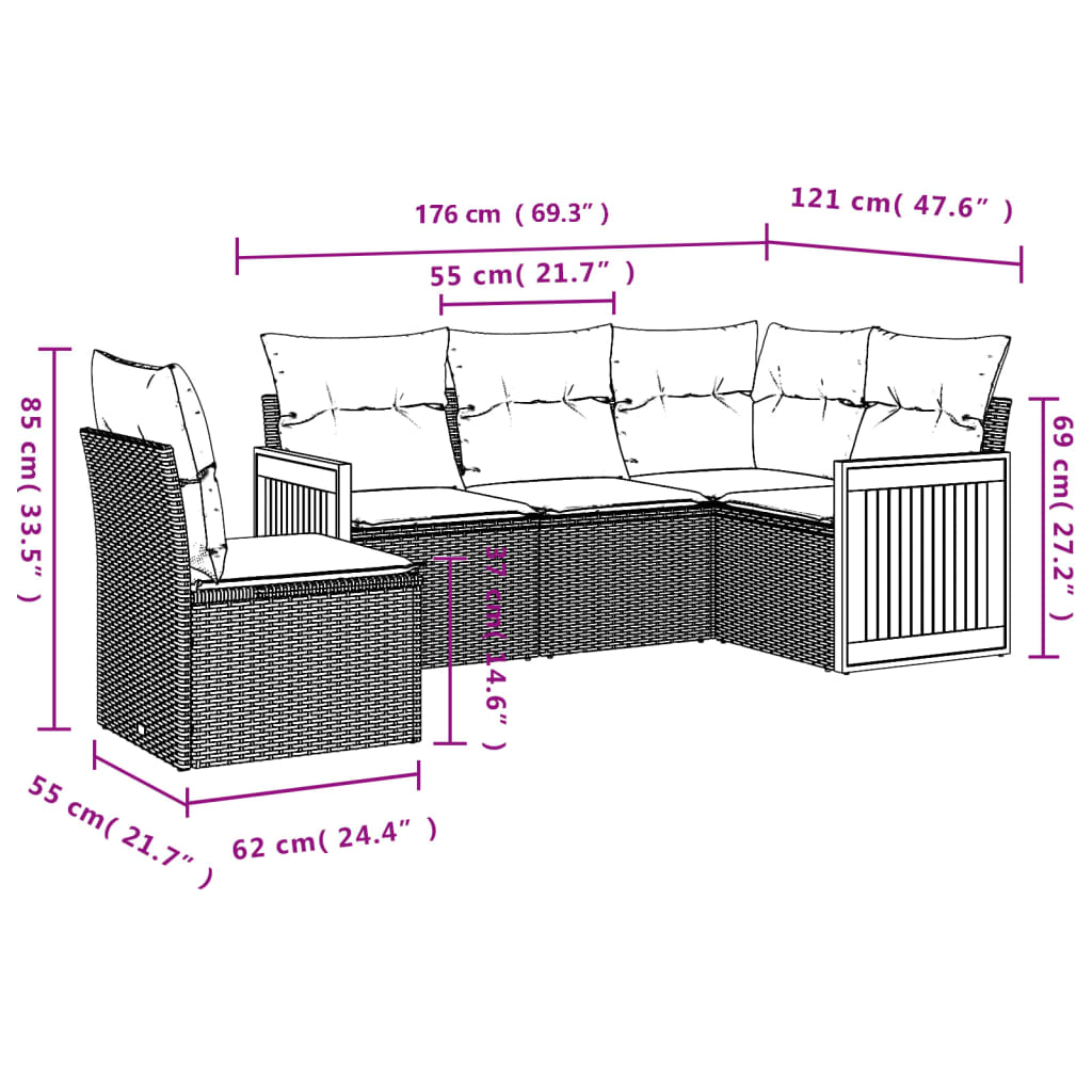 5-dijelni vrtni set sofa s jastucima bež od poliratana