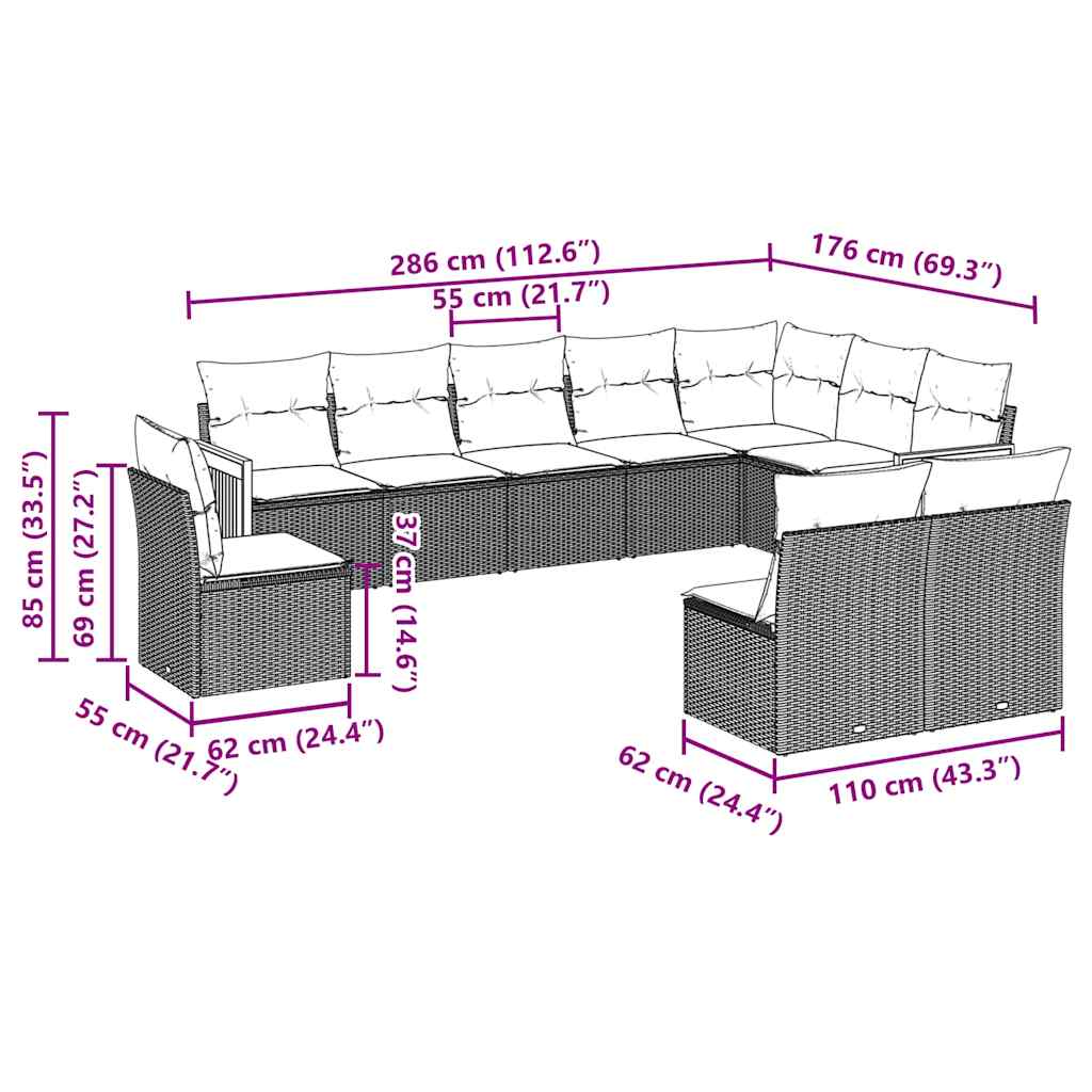 10-dijelni set vrtnih sofa s jastucima crni od poliratana