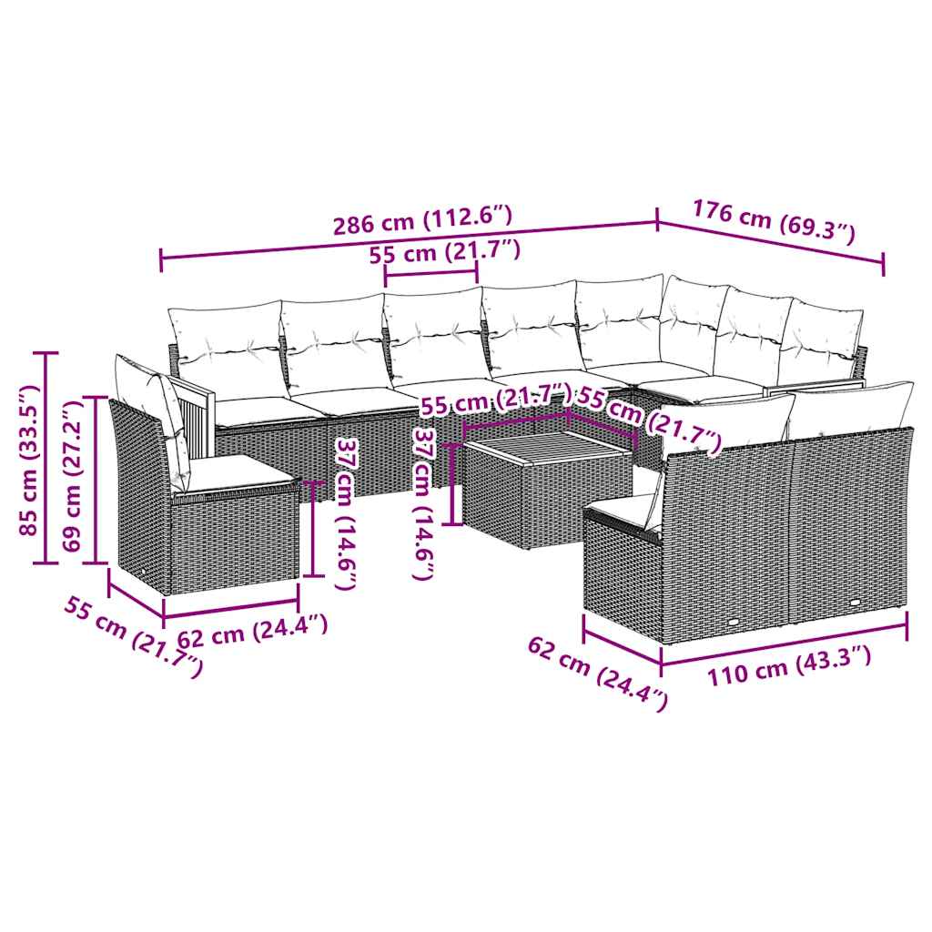11-dijelni set vrtnih sofa od poliratana s jastucima crni