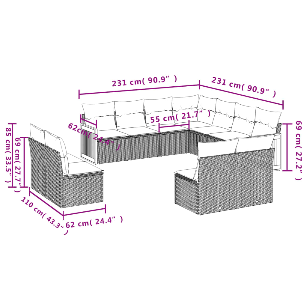 11-dijelni set vrtnih sofa od poliratana s jastucima crni