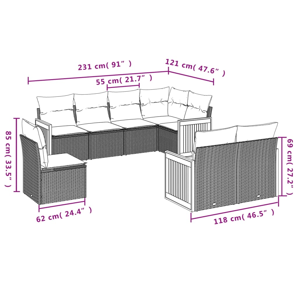 8-dijelni set vrtnih sofa od poliratana s jastucima crni