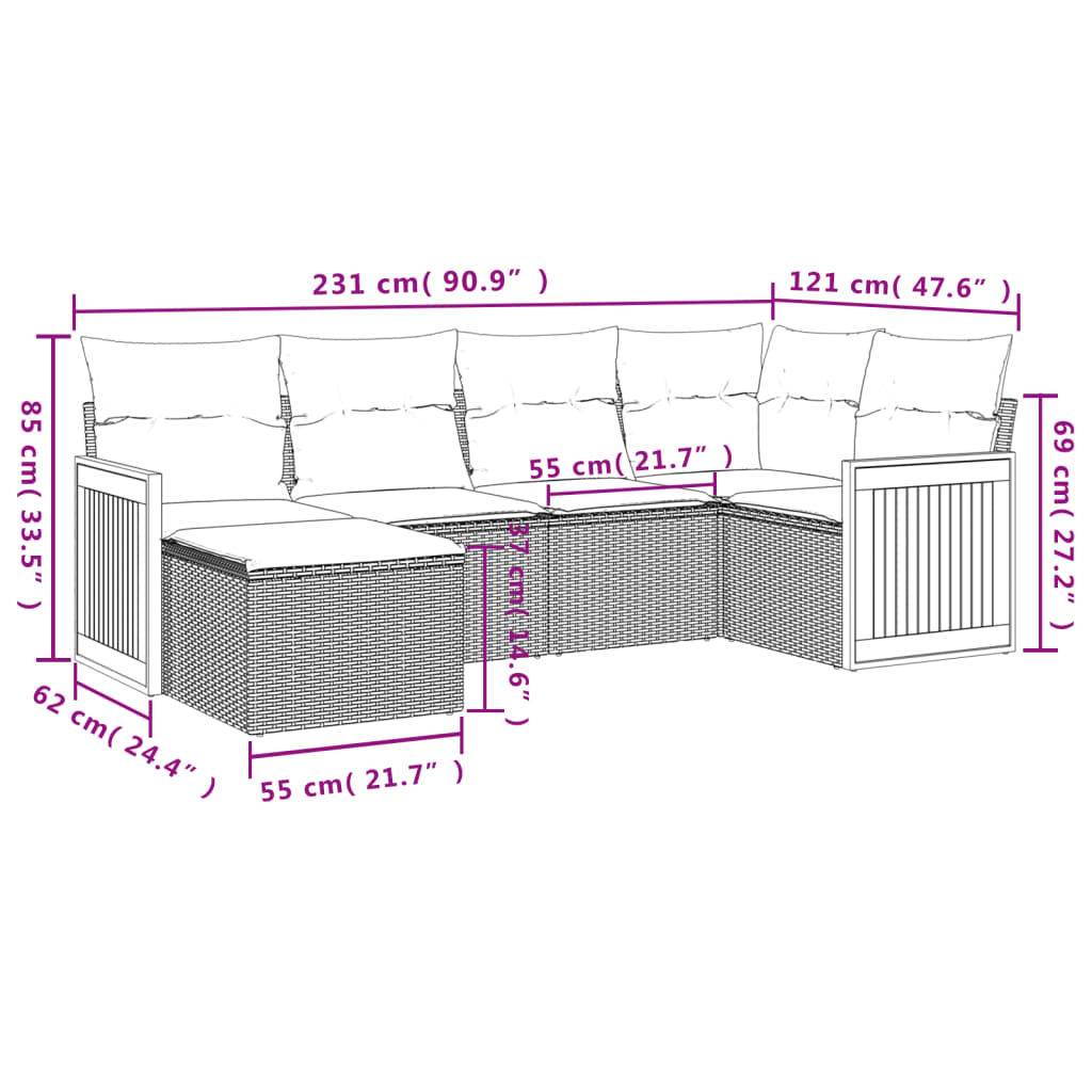 6-dijelni set vrtnih sofa s jastucima crni od poliratana