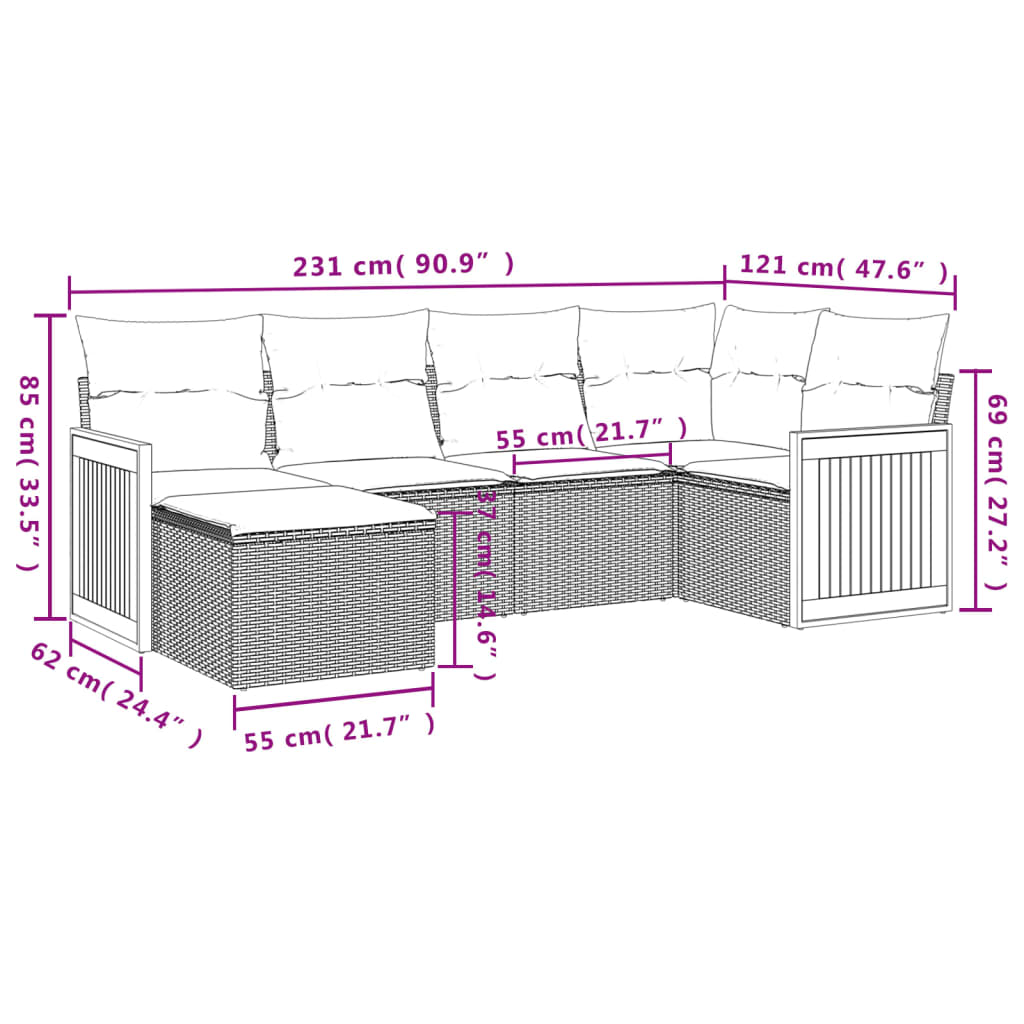 6-dijelni set vrtnih sofa od poliratana s jastucima sivi