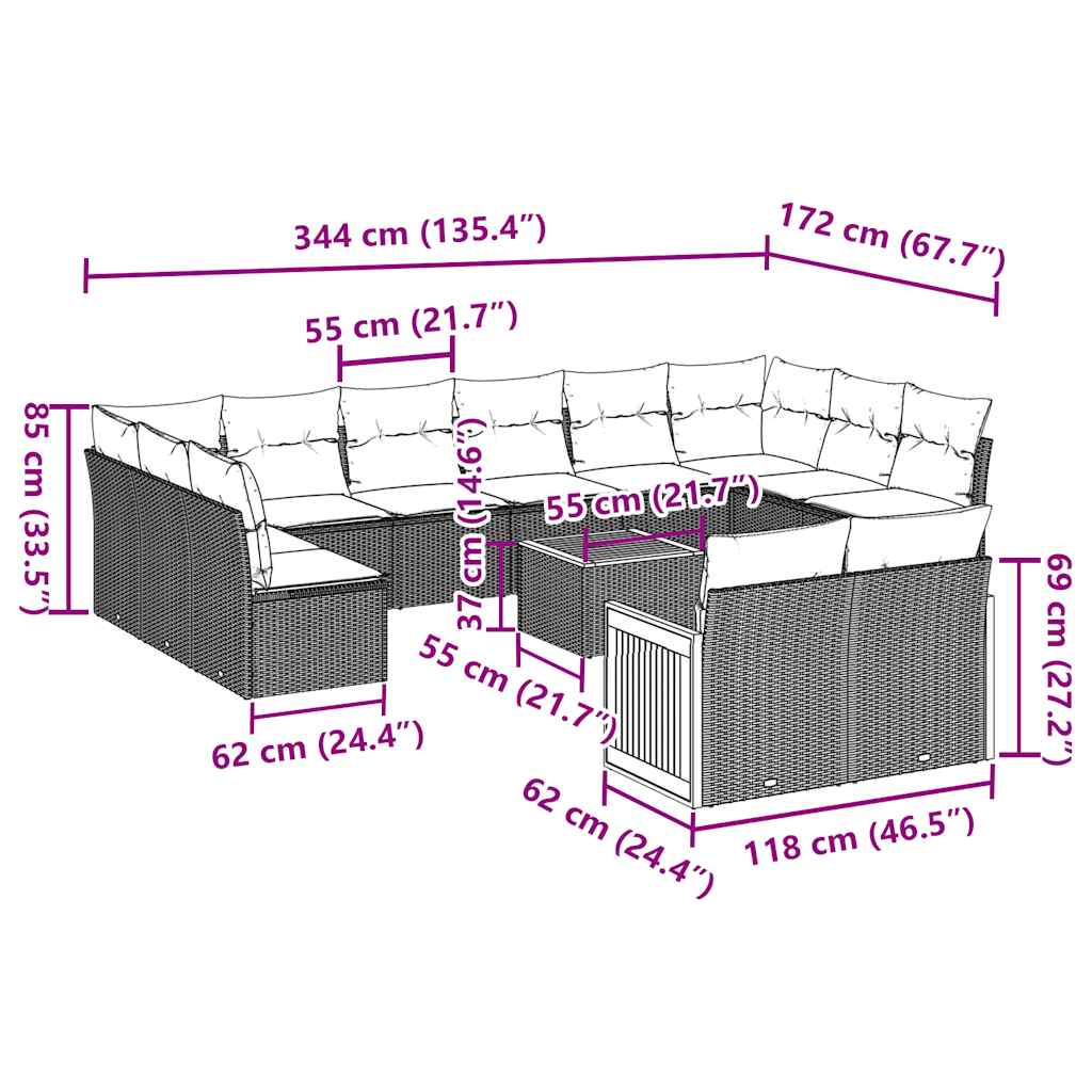 13-dijelni set vrtnih sofa s jastucima poliratan crni