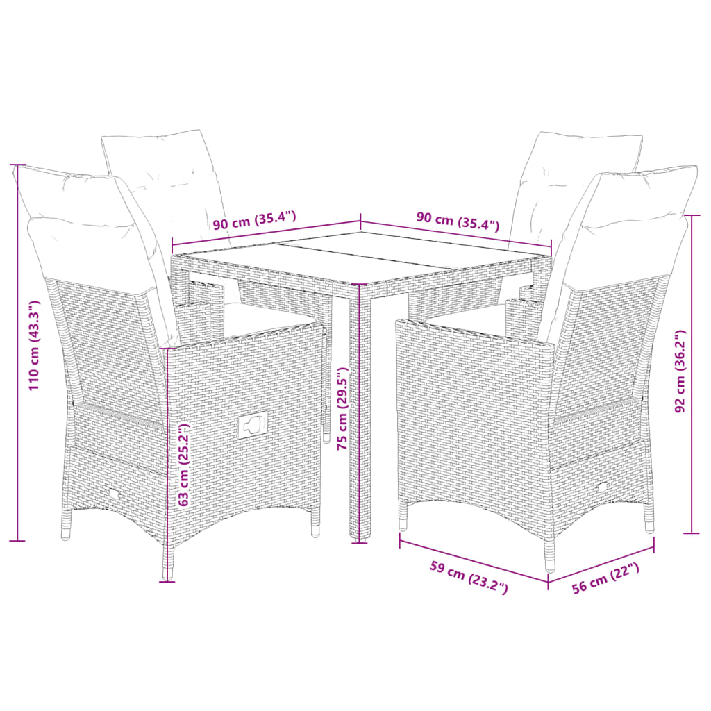 5-dijelni vrtni blagovaonski set s jastucima od poliratana crni Crna 90 x 90 x 75 cm