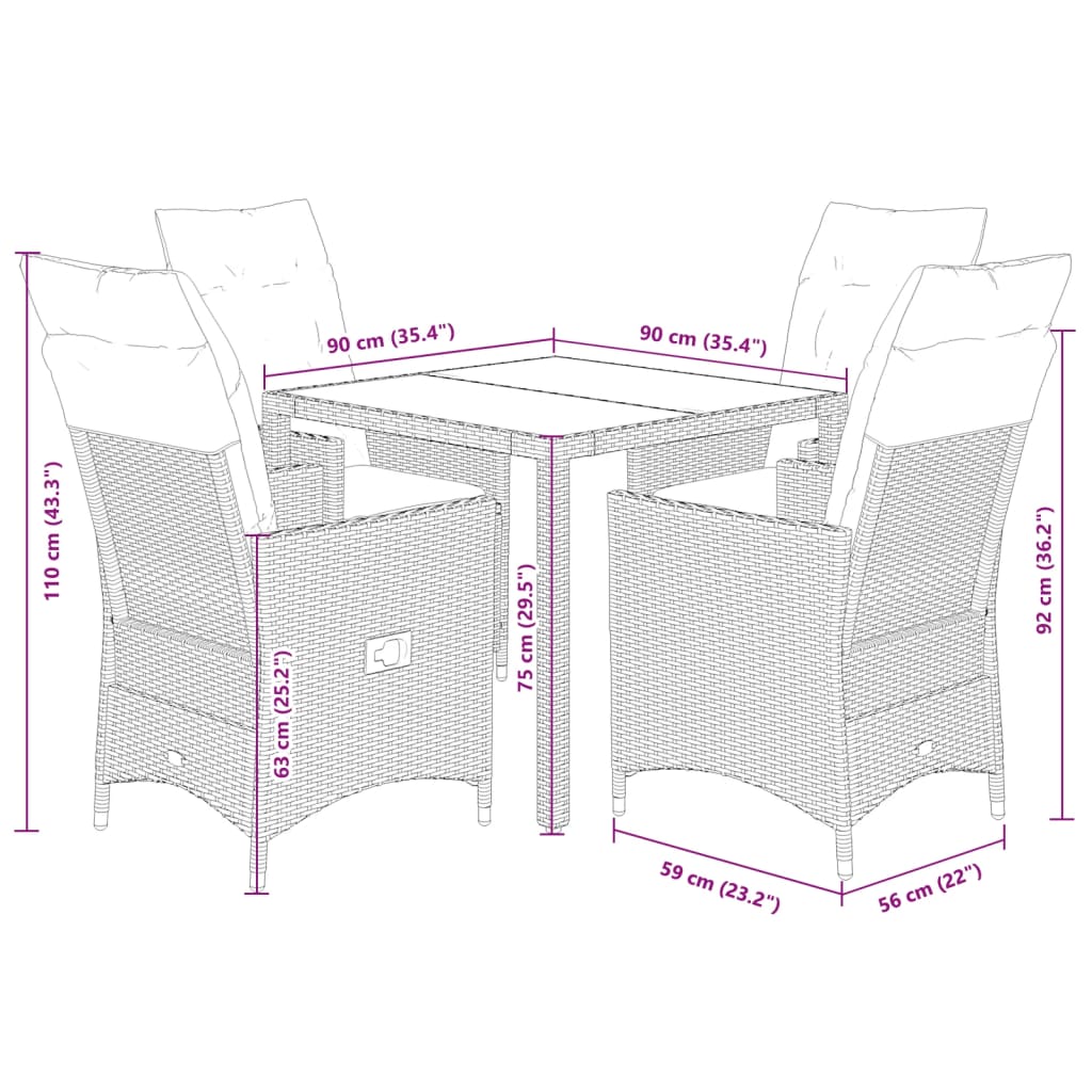 5-dijelni vrtni blagovaonski set s jastucima od poliratana crni Crna 90 x 90 x 75 cm