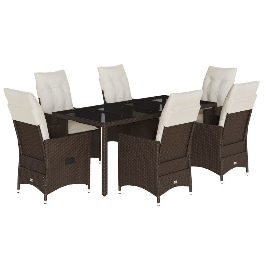 7-dijelni vrtni blagovaonski set s jastucima poliratan smeđi Smeđa 190 x 90 x 75 cm