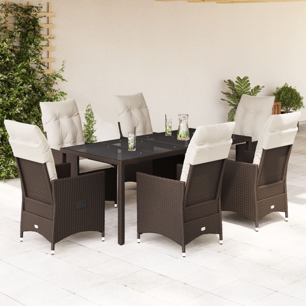 7-dijelni vrtni blagovaonski set s jastucima poliratan smeđi Smeđa 190 x 90 x 75 cm