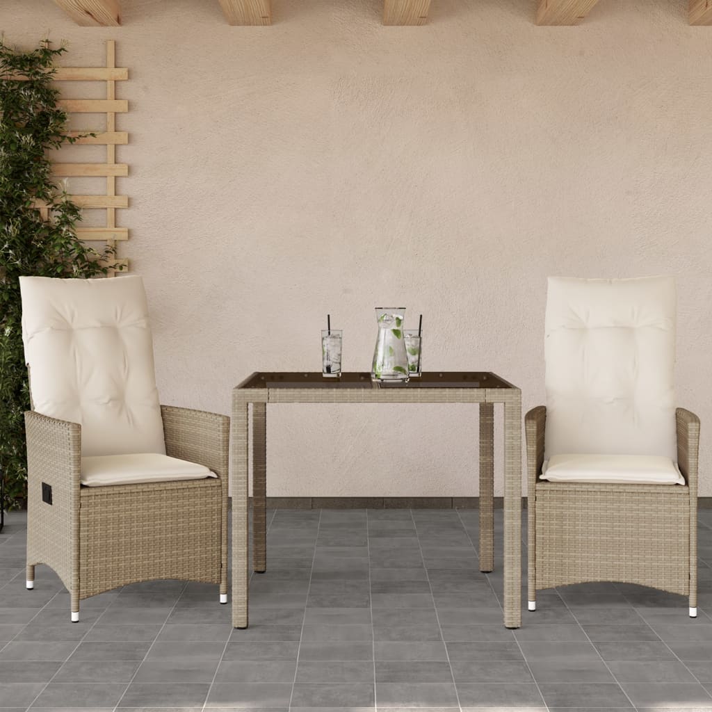 3-dijelni bistro set s jastucima bež od poliratana 90 x 90 x 75 cm