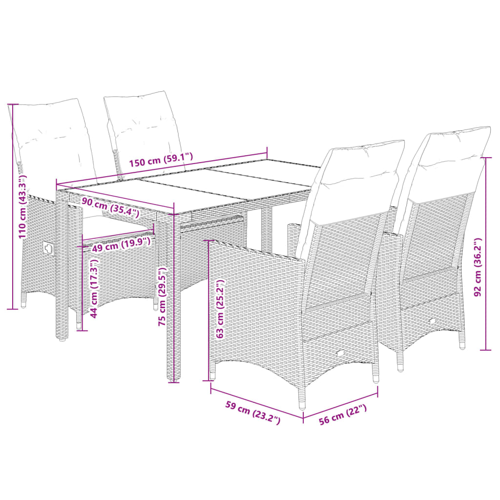 5-dijelni vrtni blagovaonski set od poliratana s jastucima bež 150 x 90 x 75 cm