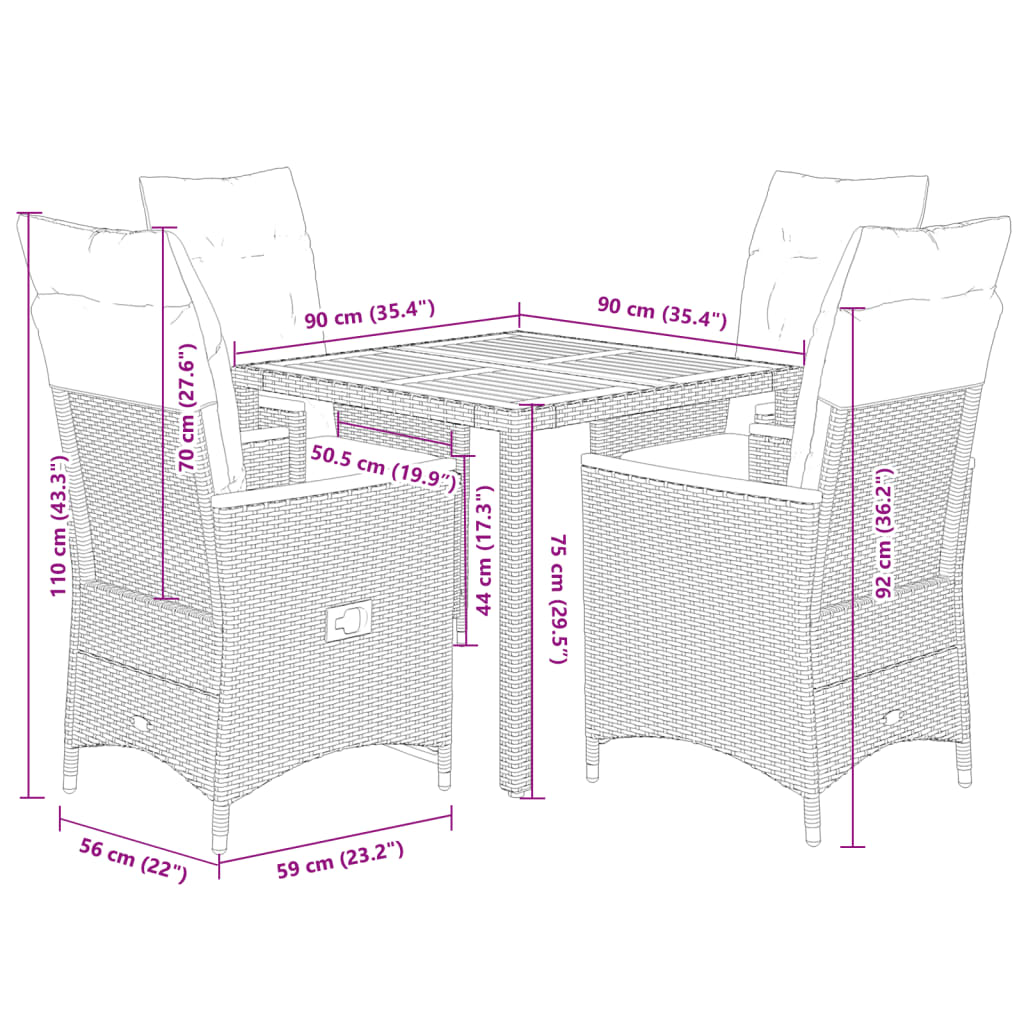 5-dijelni vrtni blagovaonski set s jastucima od poliratana crni Crna 90 x 90 x 75 cm