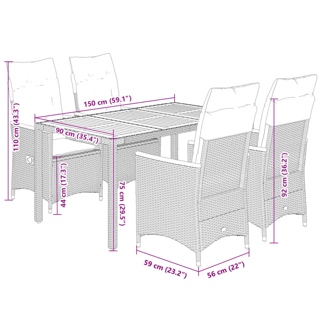 5-dijelni vrtni blagovaonski set s jastucima od poliratana crni Crna 150 x 90 x 75 cm