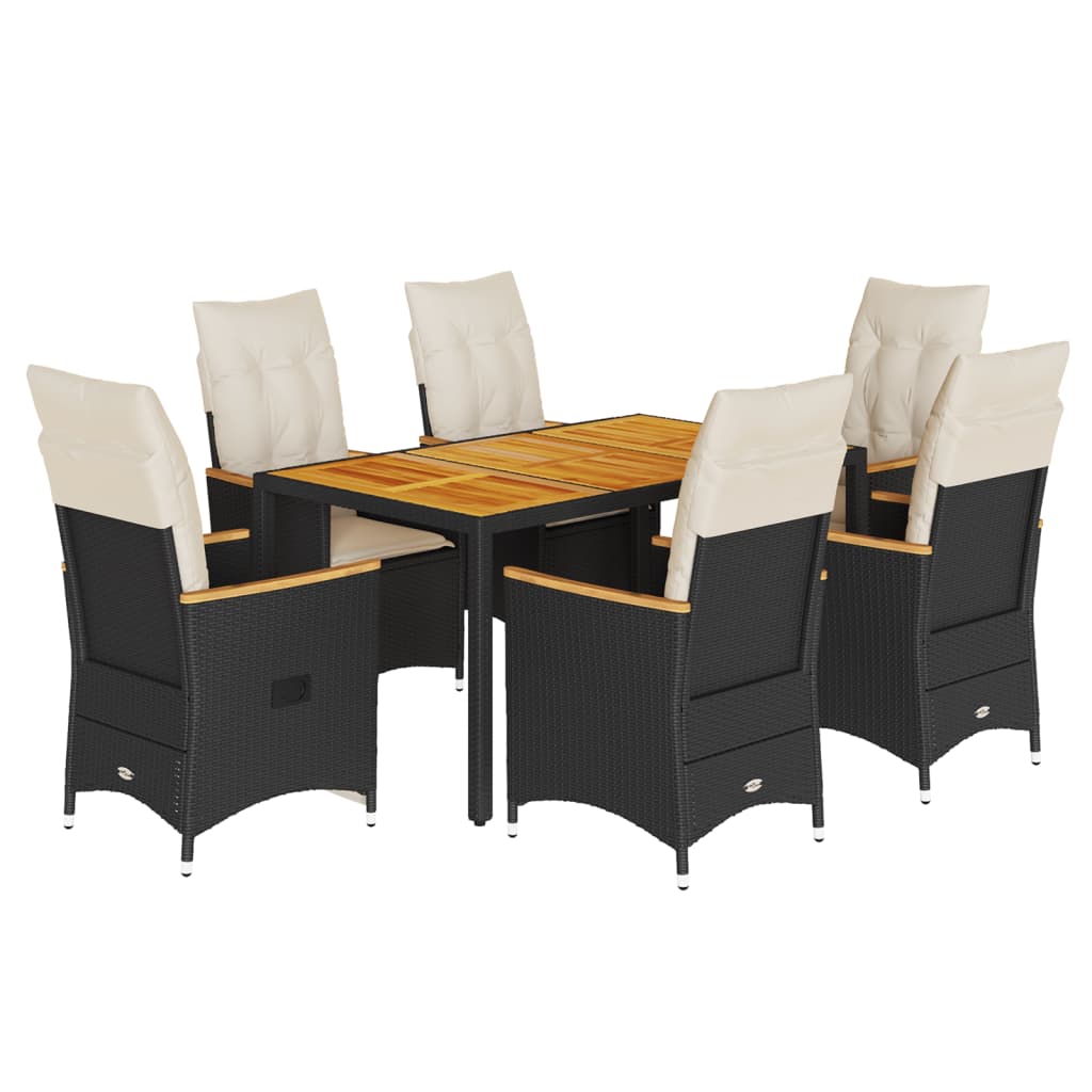 7-dijelni vrtni blagovaonski set s jastucima crni od poliratana Crna 150 x 90 x 75 cm