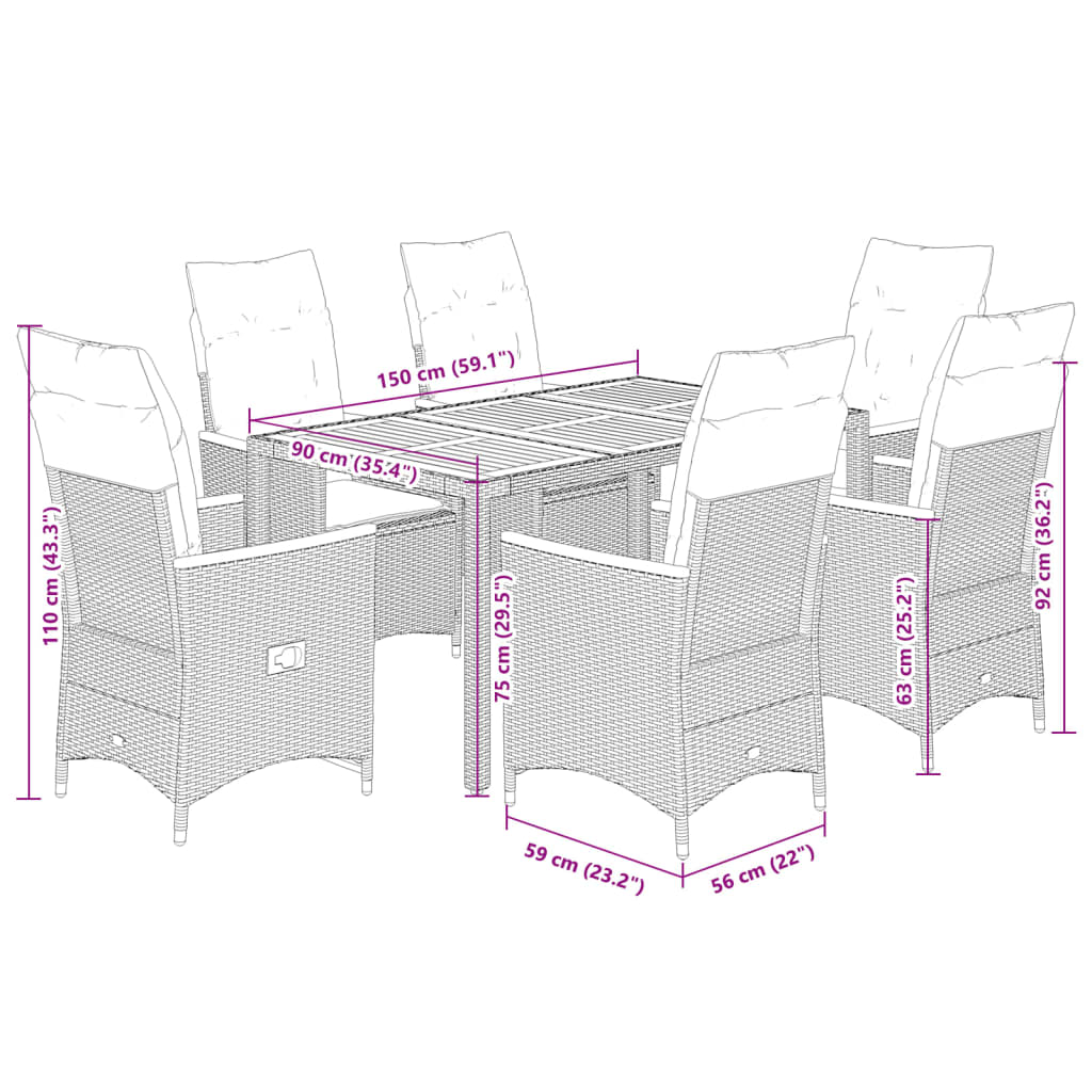 7-dijelni vrtni blagovaonski set s jastucima crni od poliratana Crna 150 x 90 x 75 cm