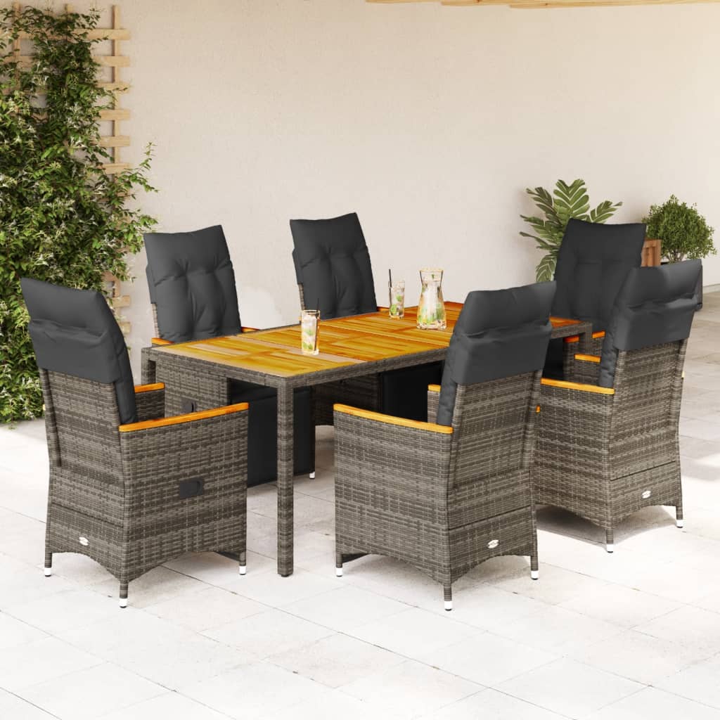 7-dijelni vrtni bistro set od poliratana s jastucima sivi Siva 190 x 90 x 75 cm