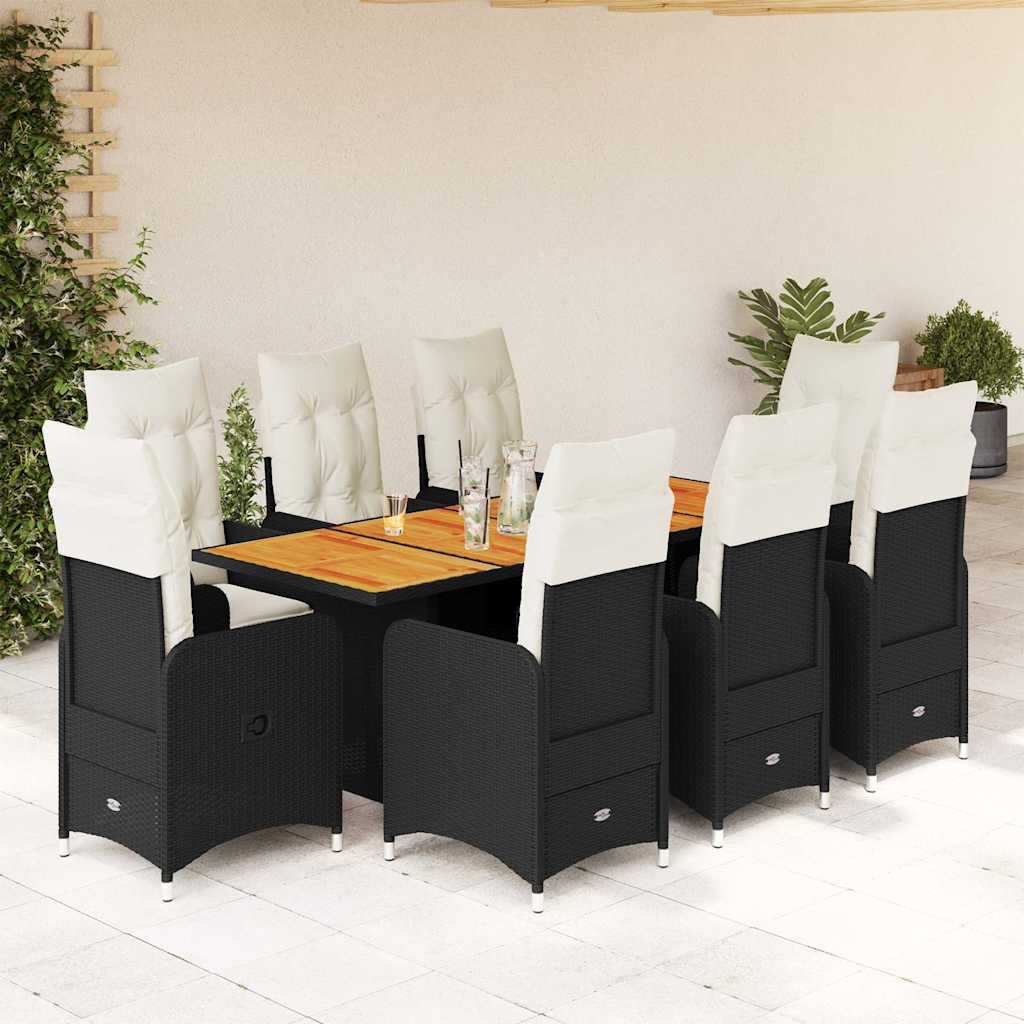 9-dijelni vrtni bistro set od poliratana s jastucima crni