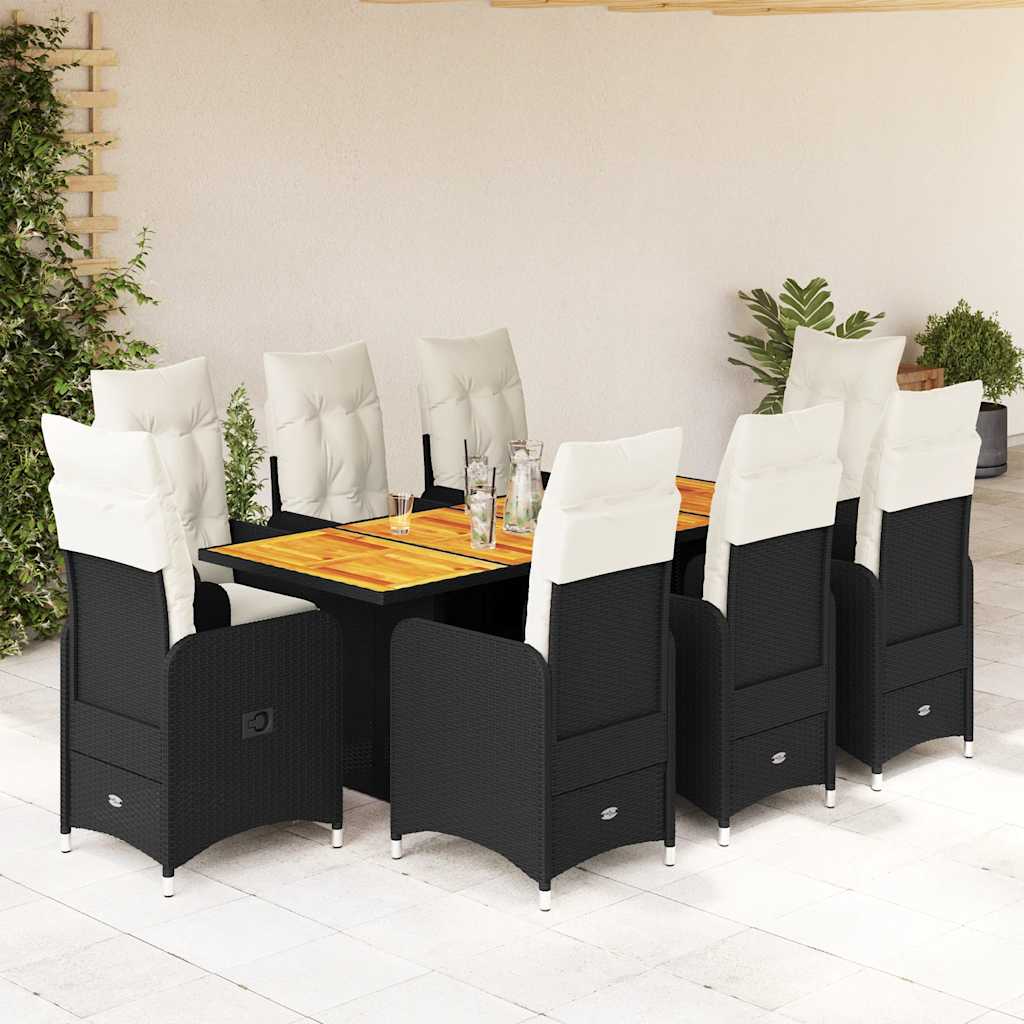 9-dijelni vrtni bistro set od poliratana s jastucima crni