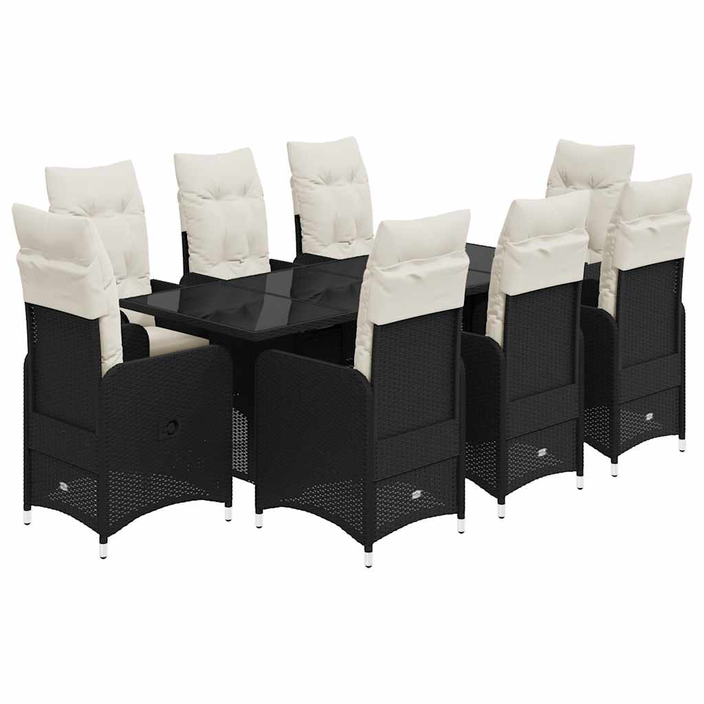 9-dijelni vrtni bistro set od poliratana s jastucima crni Crna 190 x 80 x 75 cm