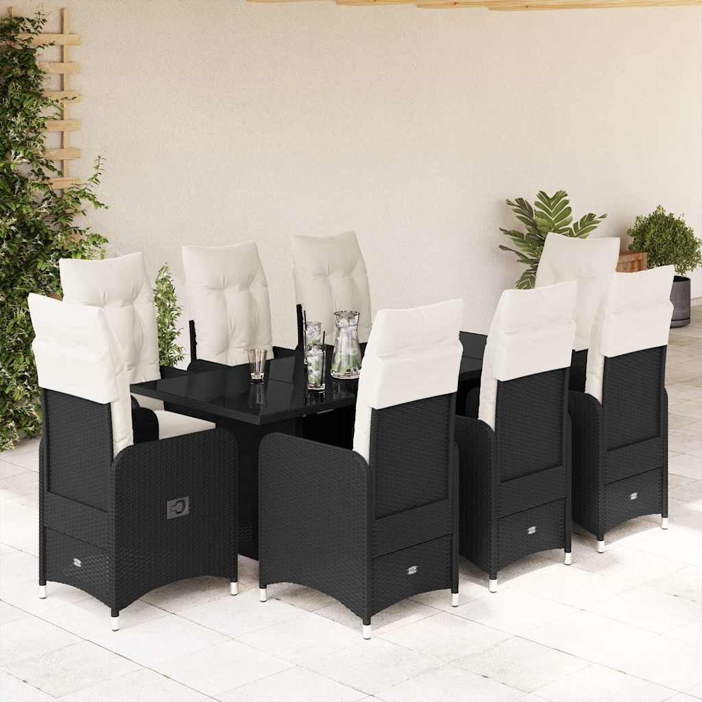 9-dijelni vrtni bistro set od poliratana s jastucima crni Crna 190 x 80 x 75 cm