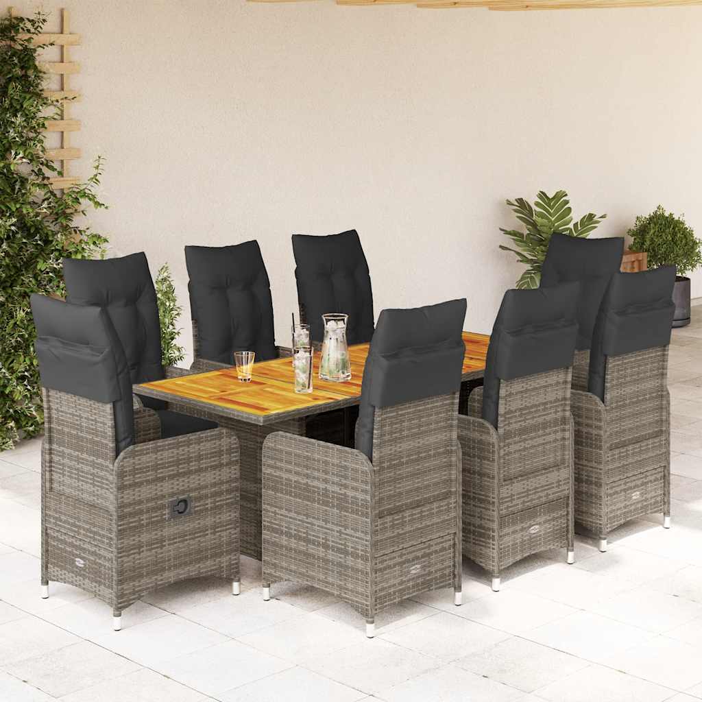 9-dijelni vrtni bistro set od poliratana s jastucima sivi