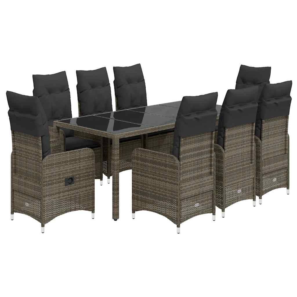 9-dijelni vrtni bistro set od poliratana s jastucima sivi