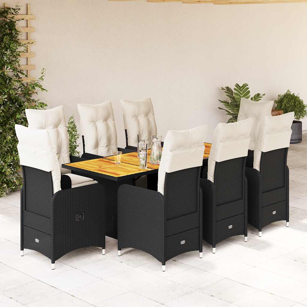 9-dijelni vrtni bistro set od poliratana s jastucima crni