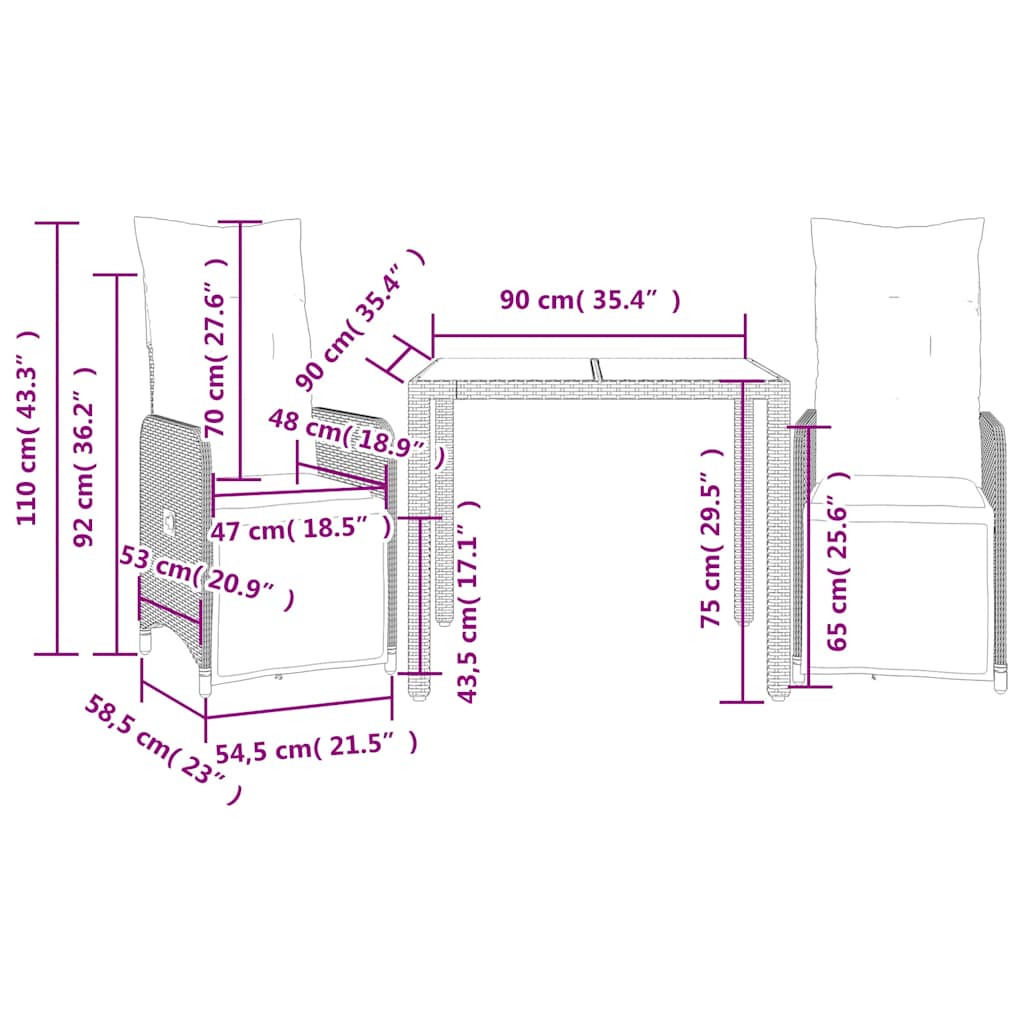 3-dijelni vrtni bistro set od poliratana s jastucima crni Crna 90 x 90 x 75 cm