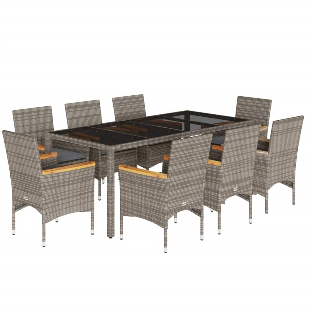 9-dijelni vrtni blagovaonski set s jastucima poliratan i staklo Siva 190 x 90 x 75 cm