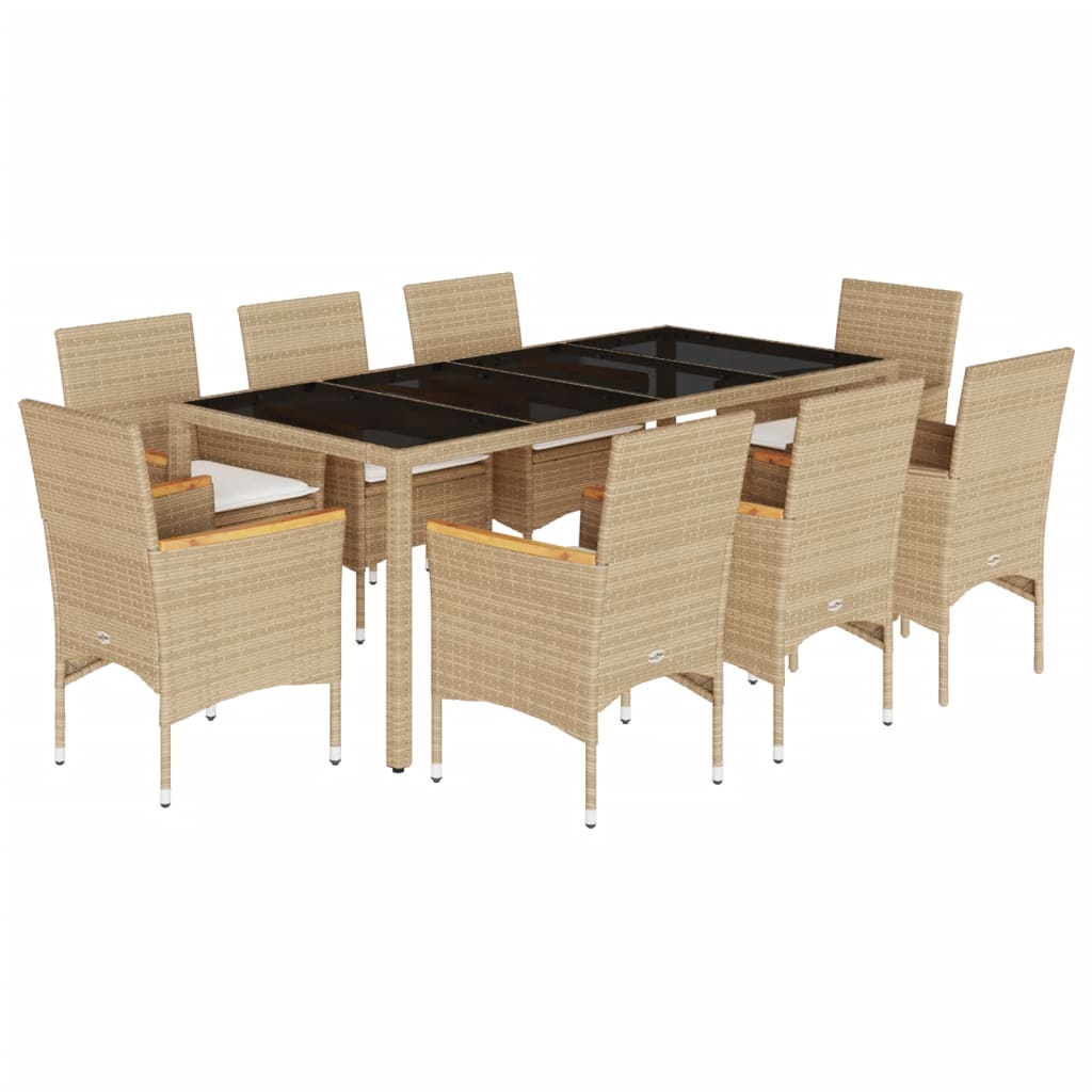 9-dijelni vrtni blagovaonski set s jastucima poliratan i staklo Bež 190 x 90 x 75 cm