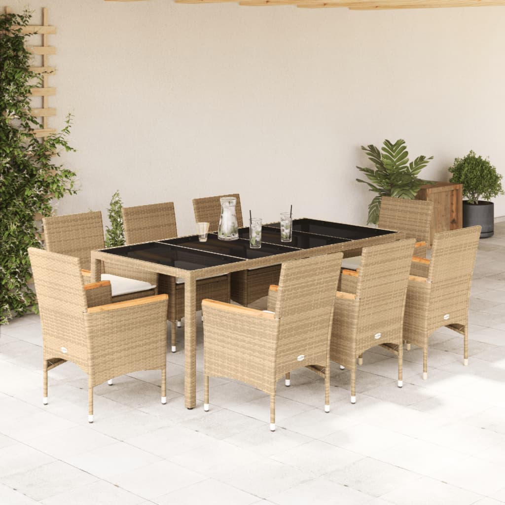 9-dijelni vrtni blagovaonski set s jastucima poliratan i staklo Bež 190 x 90 x 75 cm