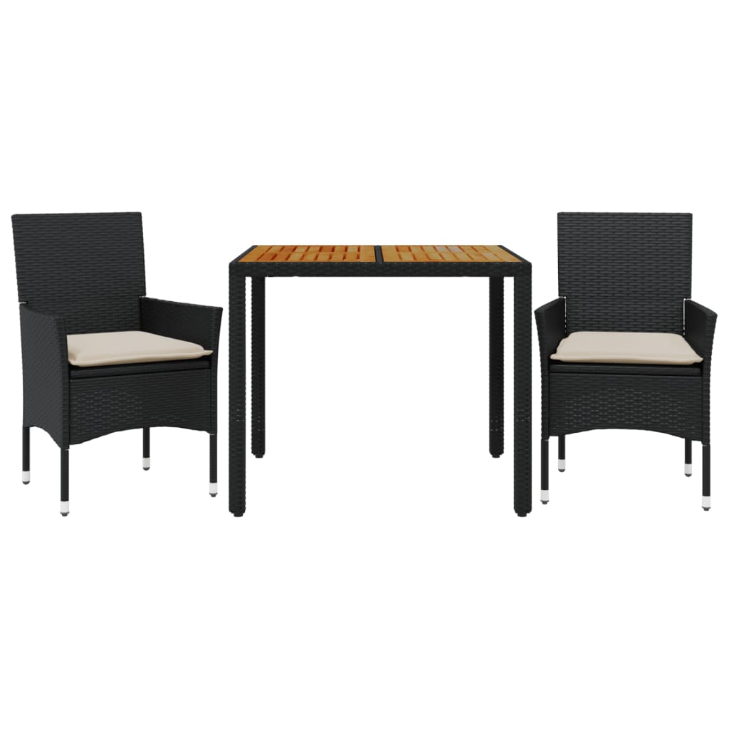 3-dijelni vrtni blagovaonski set s jastucima poliratan i bagrem Crna 90 x 90 x 75 cm