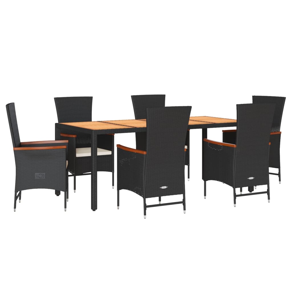 7-dijelni vrtni blagovaonski set s jastucima crni od poliratana Crna Dužina stola 190 cm