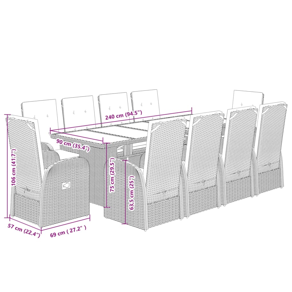 11-dijelni vrtni blagovaonski set s jastucima poliratan sivi