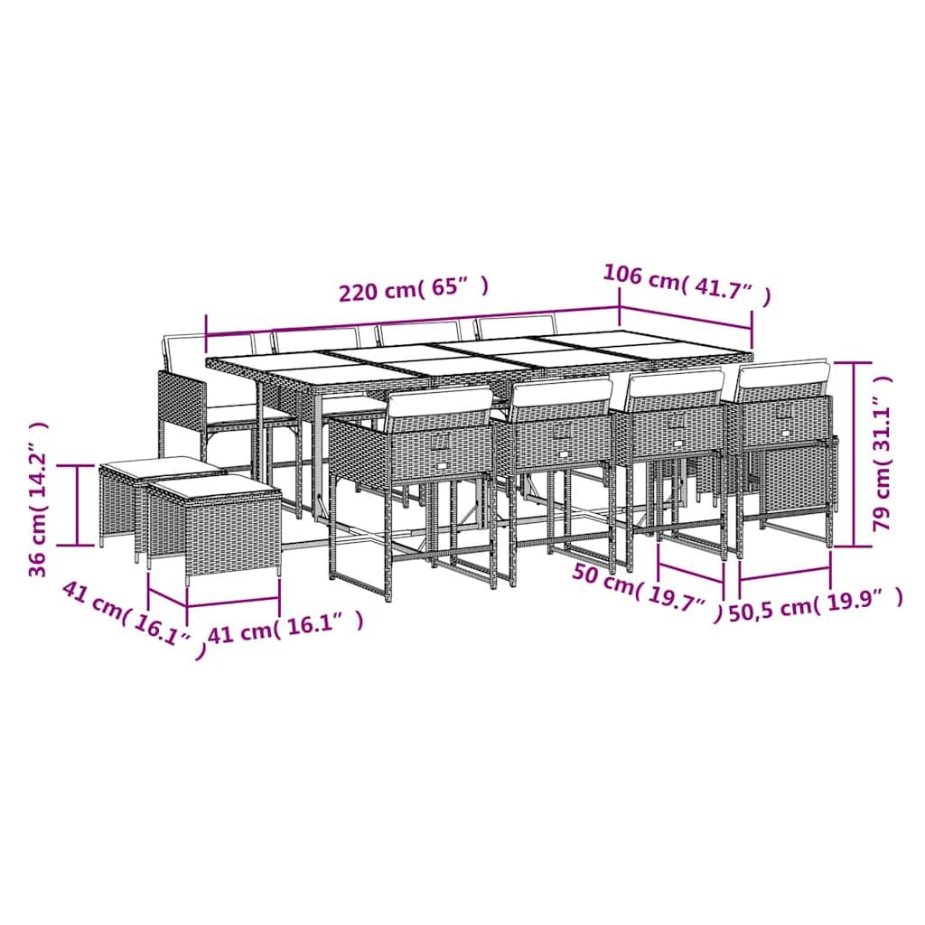13-dijelni vrtni blagovaonski set s jastucima poliratan sivi